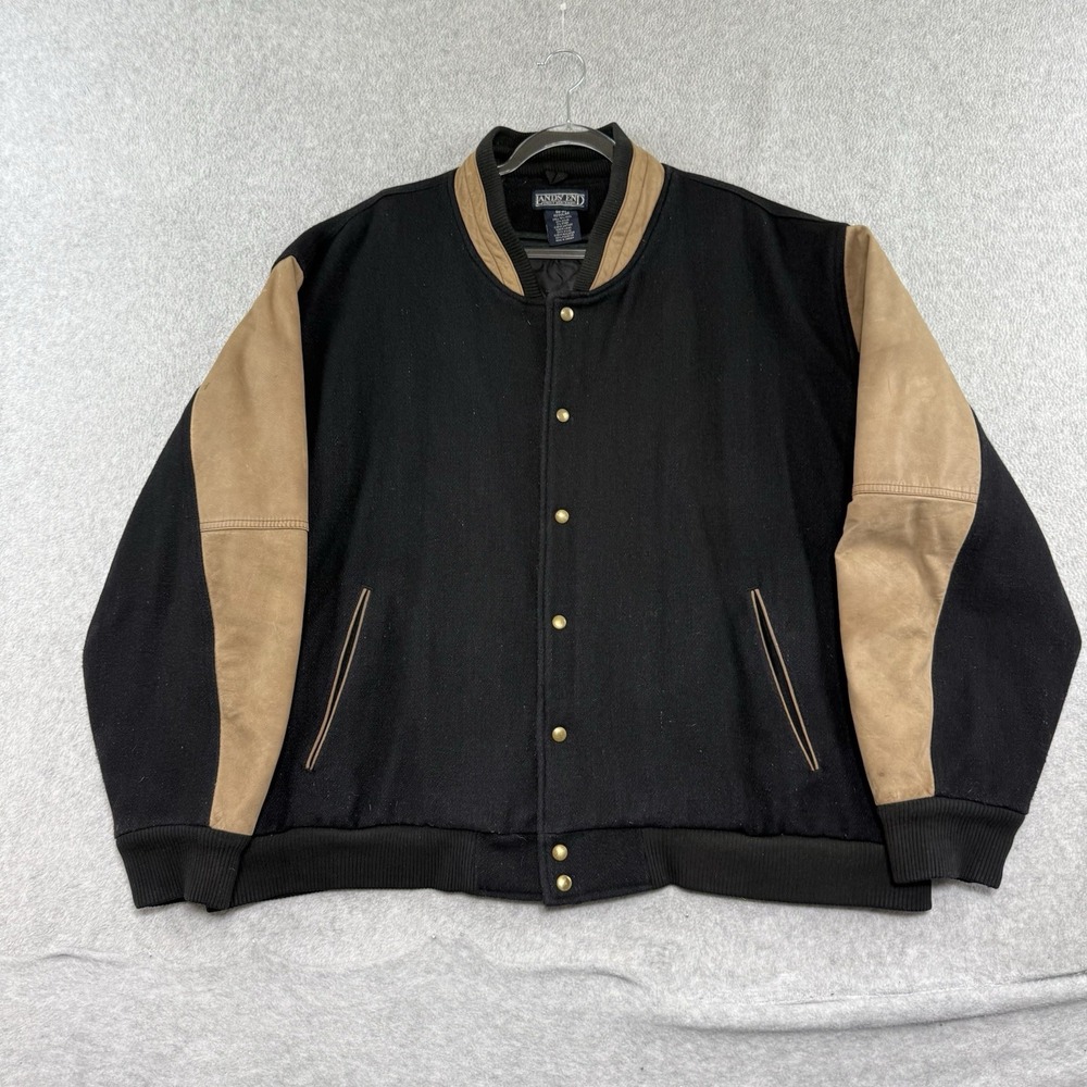 Vintage 90s Wool Leather Varsity Letterman Jacket Plain Blank Lands End XXL Men